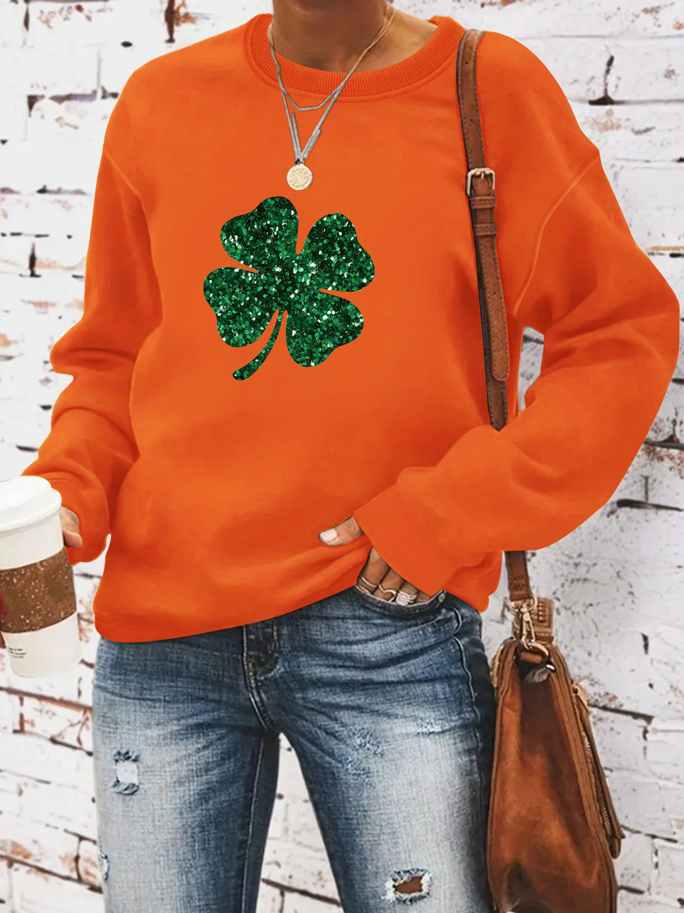 Picture of European and American Cross-border Autumn and Winter Women's Casual Long-sleeved Crewneck St. Patrick's Day Four-leaf Clover Pullover Sweatshirt Sweatshirt