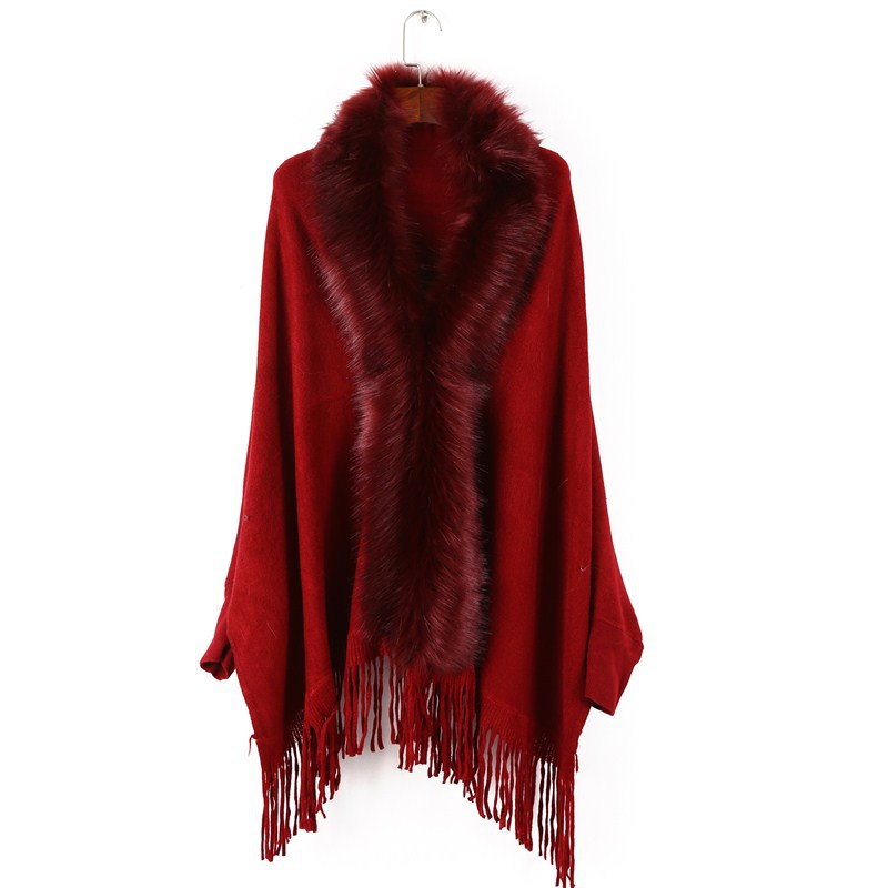 Picture of Autumn and Winter New Fashion Women's Cape Cardigan Artificial Fur Solid Color Sleeve Long Tassel Hem Cape Wholesale