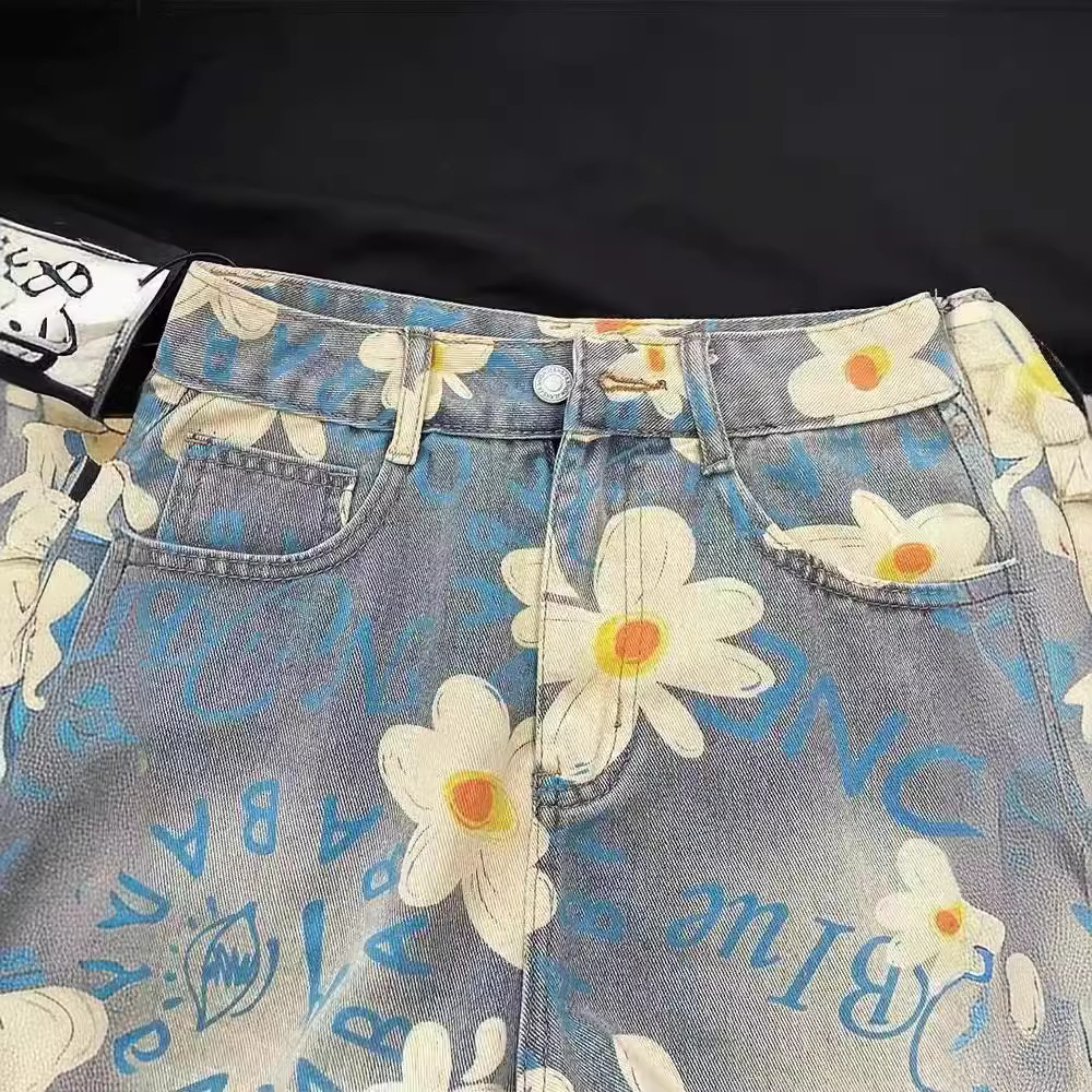Design Feeling Full Print Daisy Denim Shorts Women's Summer New Hot Pants High Waist Slimming A- Shown Wide Leg Pants