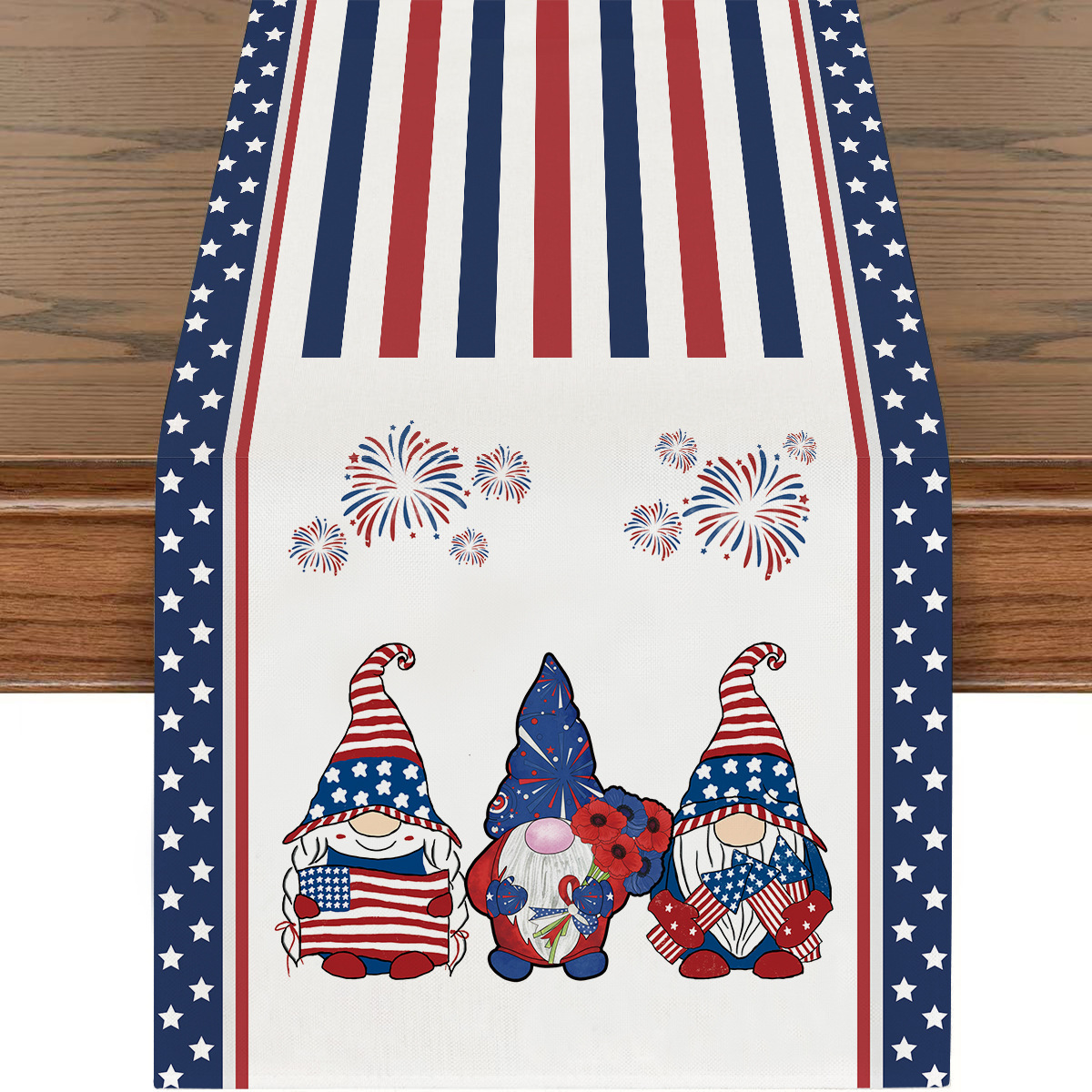 Picture of Explosions US Independence Day Decorative Table Runner Linen Star-stripe Printed Tablecloth Patriot Holiday Atmosphere Table Runner