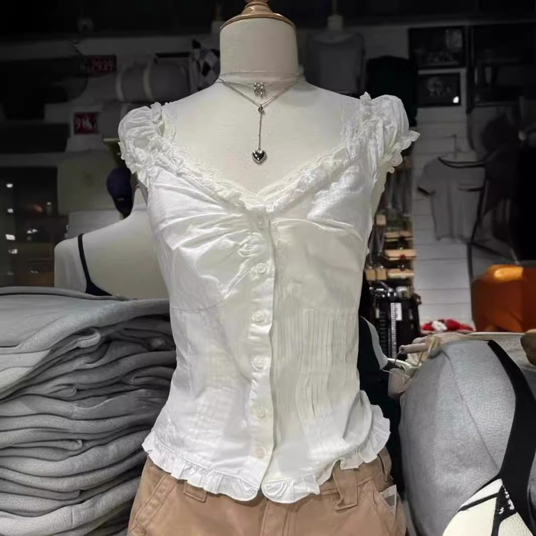 BM Style New American Style Ballet Style White Sleeveless Ruffled Short-sleeved T-shirt Women's BM Lace Slim-fit Cardigan Top