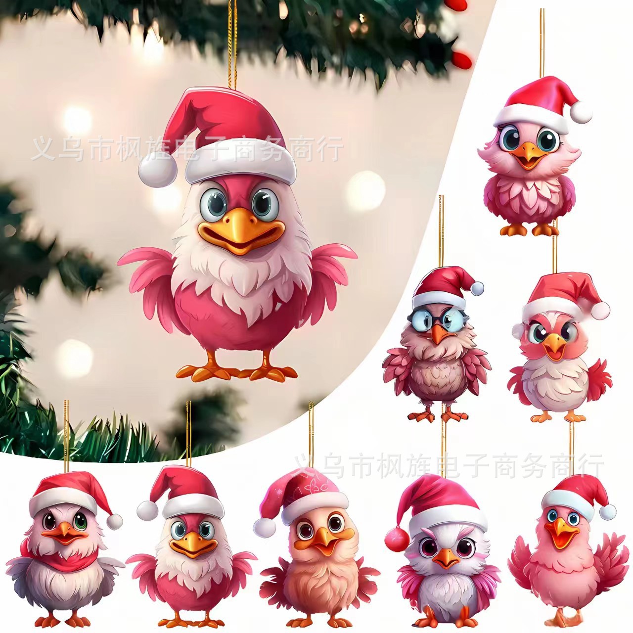 Cross-border New Creative Cartoon Christmas Chicken Flat Acrylic Pendant Christmas Decoration Car Backpack Keychain