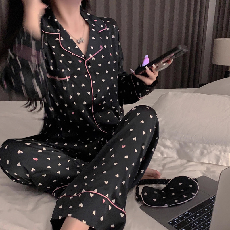 Cross-border Silk Feel Ice Silk Women's Pajamas Spring and Summer New Full Print Love Student Home Clothes Two-piece Set Wholesale