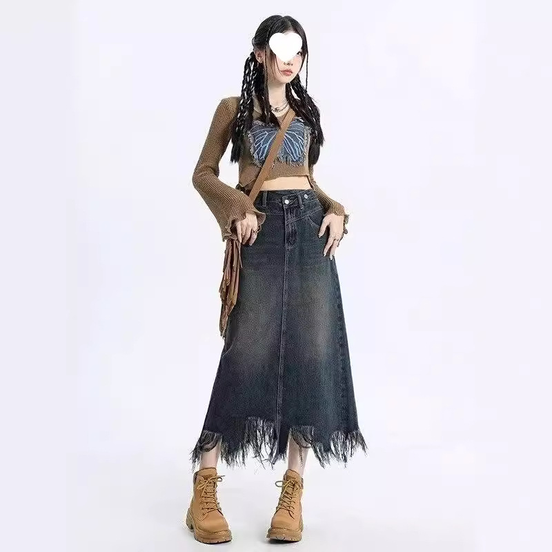 High Waist Denim Skirt Women's 2024 Spring New Split Slimming Mid-length A- line Hip Skirt Tassel Skirt