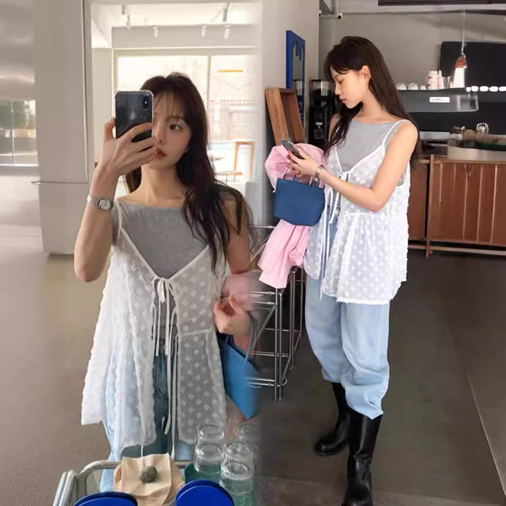 South Korea Chic Summer Niche Distinctive V-neck Embroidered Jacquard Lace-up Design Perspective Stacked Mesh Sling Top Women
