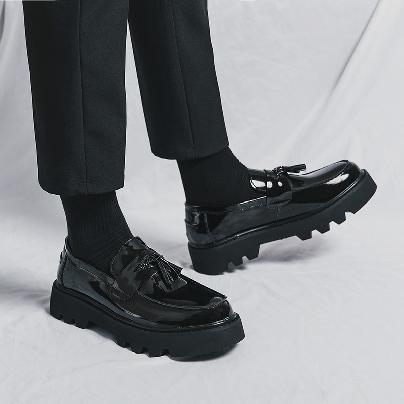 Men's Loafers New British Style Business Formal Glossy Slip-On Large-Toe Shoes Thick-Soled Heightening Casual Leather Shoes