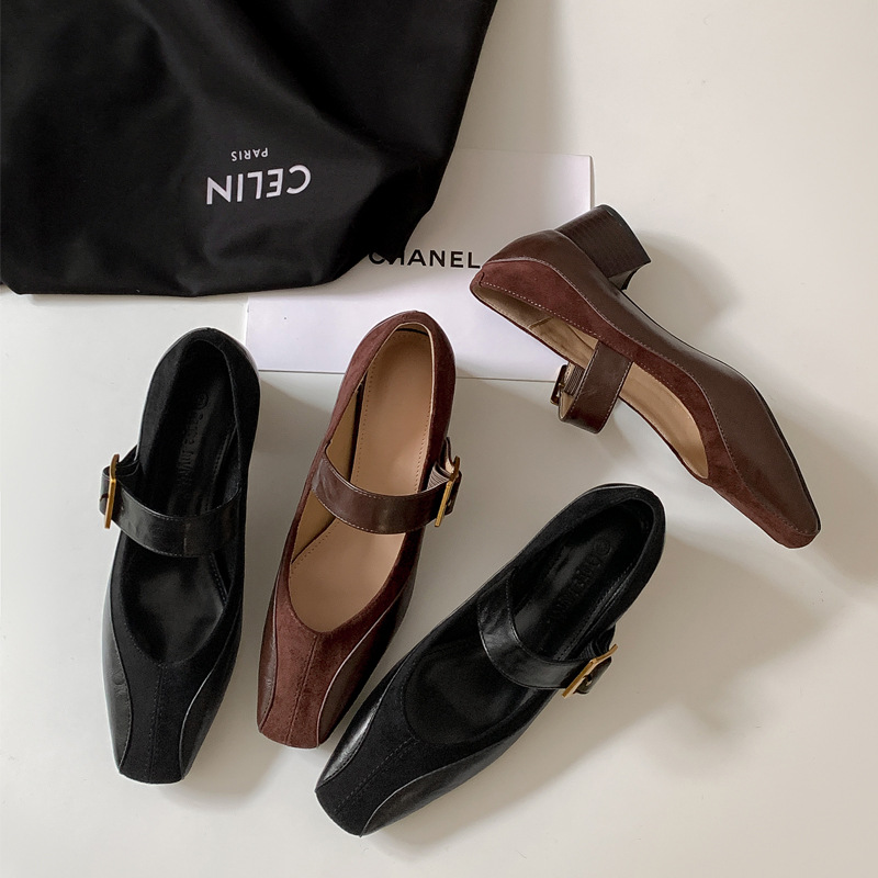 Spring New French Style Retro Square Head One-character Buckle Belt Thick Heel Mary Jane Shoes Fashionable All-match Shallow Mouth Single-layer Shoes for Women