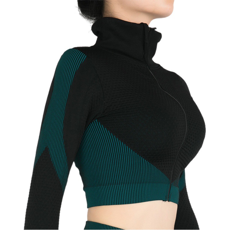 Autumn and Winter Outdoor Sports Zipper Cardigan Tight Yoga Top Running Fitness Suit Seamless Striped Finger Cover Long Sleeve Women