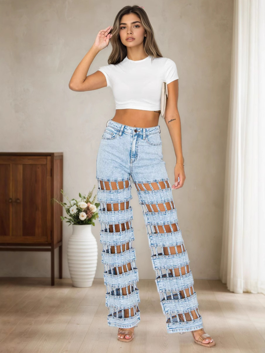 European and American Style Ripped Jeans Amazon Cross-Border Women's New Street Fashion Hollow High-Waisted Straight Pants