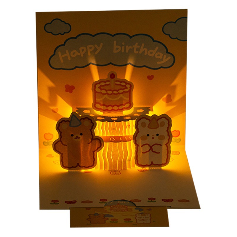 ins Music Light Han Feng Cute Bear Birthday Cake Cartoon Creative Stereoscopic Greeting Card Birthday Gift