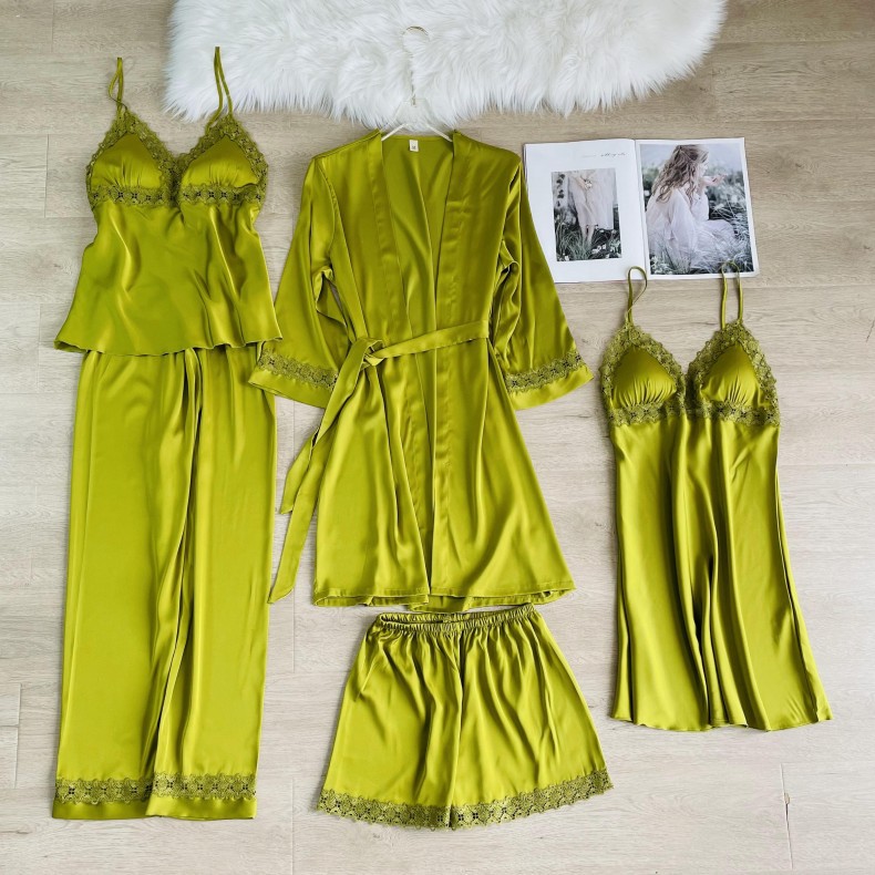 Spring and Autumn New Sexy Pajamas Women's Printed Lace Sling Nightdress Five-piece Set Loose Comfortable Home Clothes Set