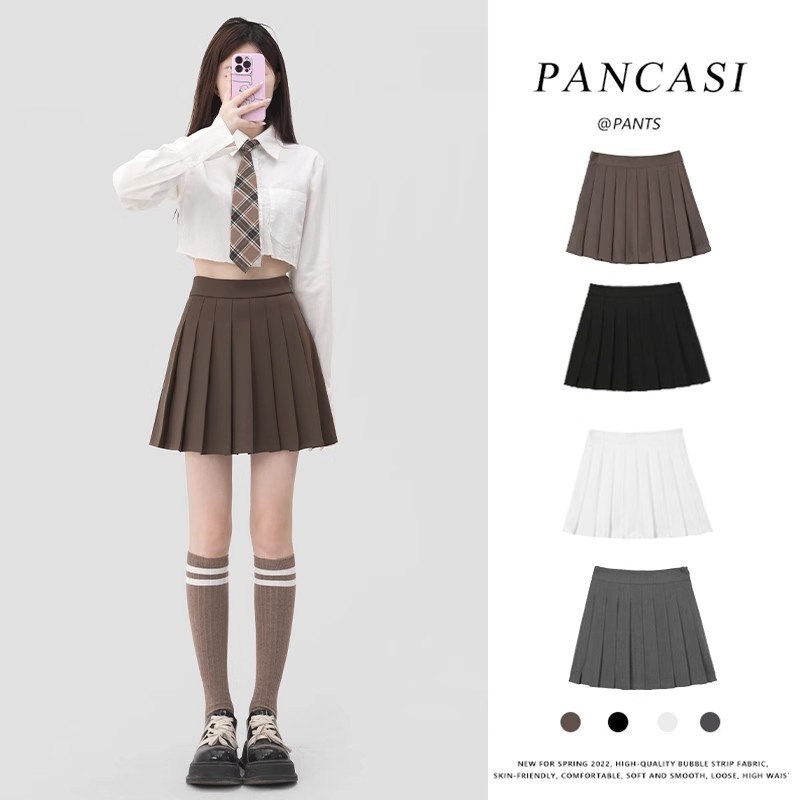 khaki pleated skirt women's spring and summer college style jk temperament short skirt high waist suit A- line skirt