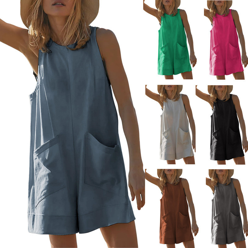 2024 Amazon European and American Summer Women's New Casual Solid Color Jumpsuit Loose Sleeveless Pocket Jumpsuit Shorts