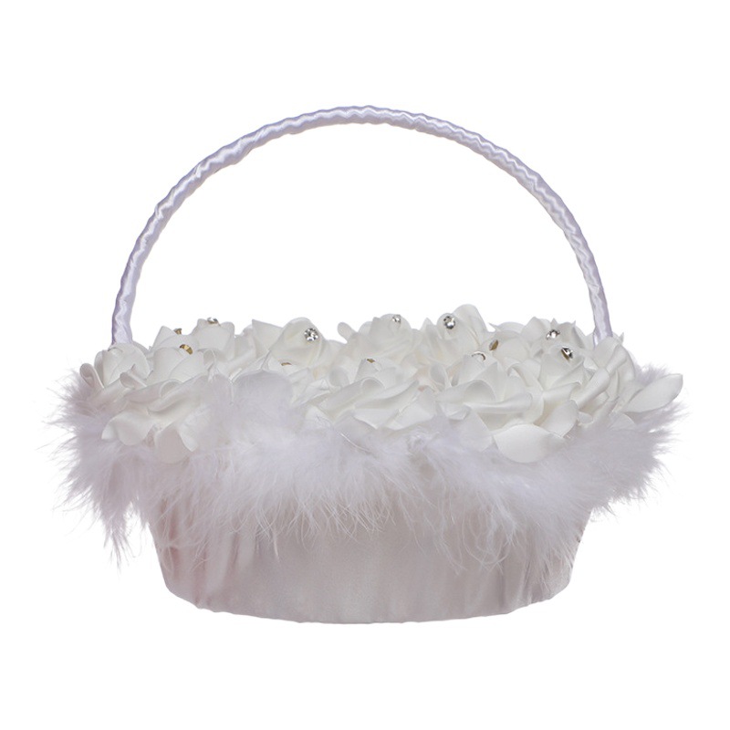 Beautiful White Feather Wedding Flower Basket, Western-Style Wedding Flower Girl Basket with Foldable Handle, Essential for Holiday Silk Cloth Weddings