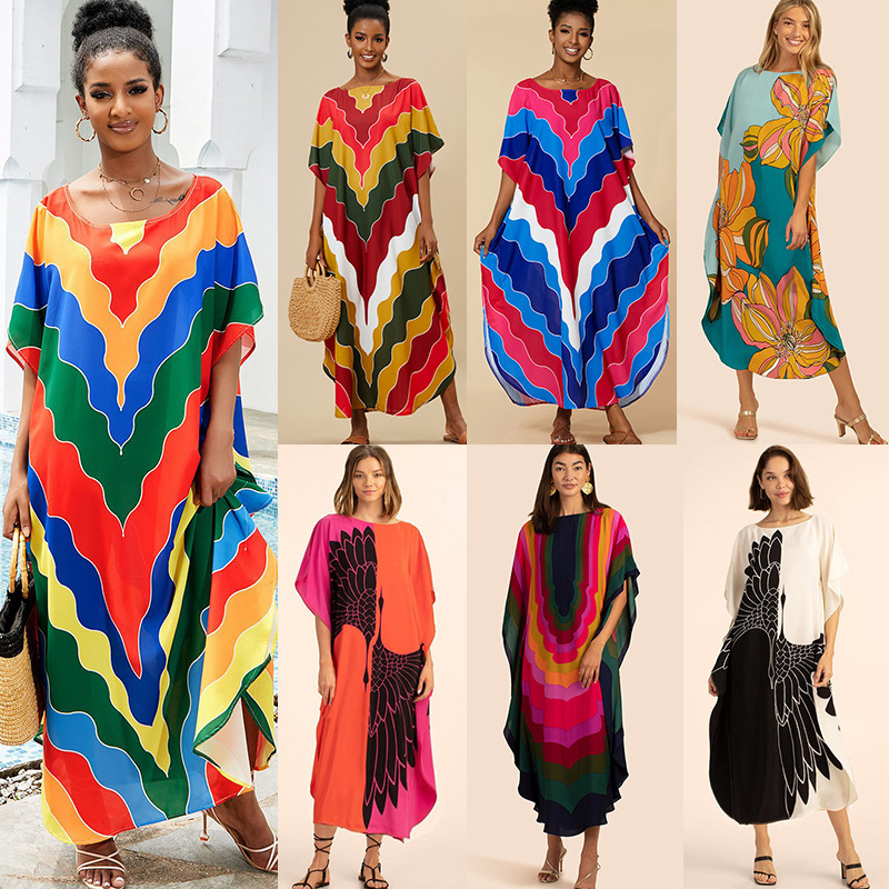 New cross-border European and American rayon beach blouse loose gown holiday dress bikini swimsuit outside