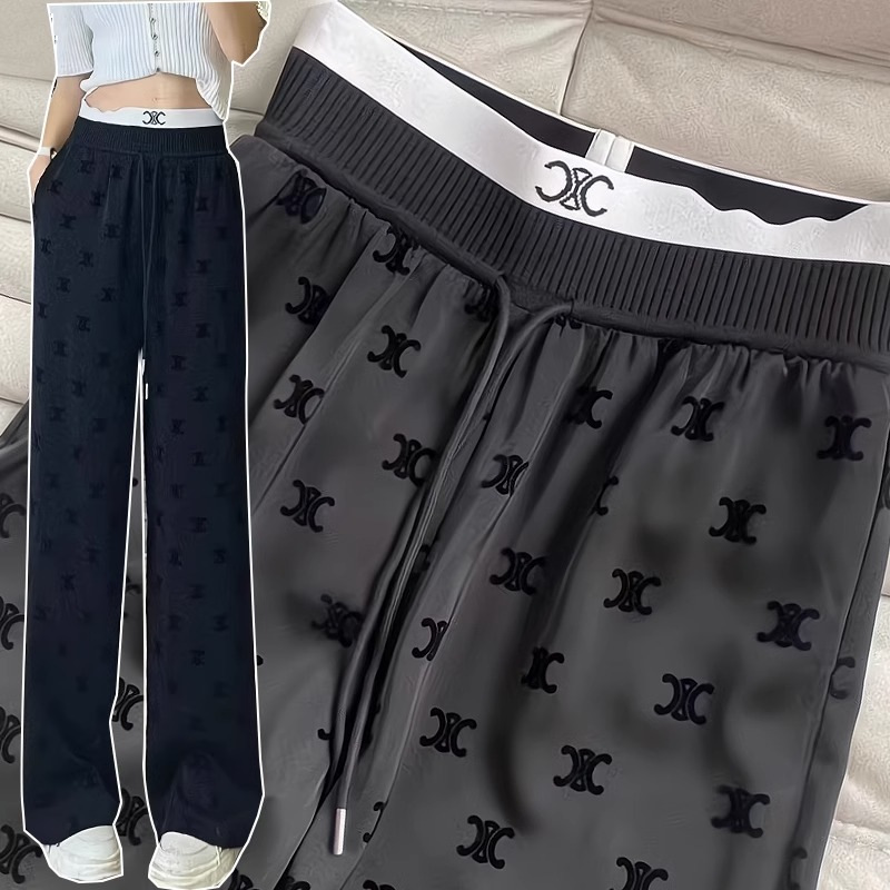 Acetic Acid Straight Leg Pants Women's Summer New Flocking Pants High Waist Slimming Trousers Ins Trendy Casual Dagging Elegant Women's Pants
