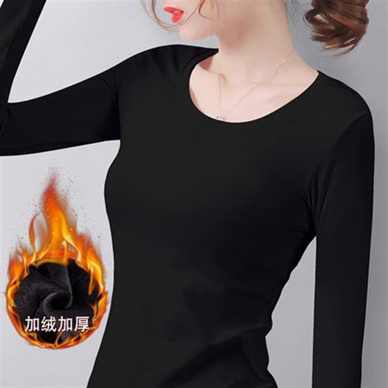fleece-lined Round Neck T-Shirt Long Sleeve Student Korean Autumn and Winter Women's Top Warm Inner White Base Shirt 049