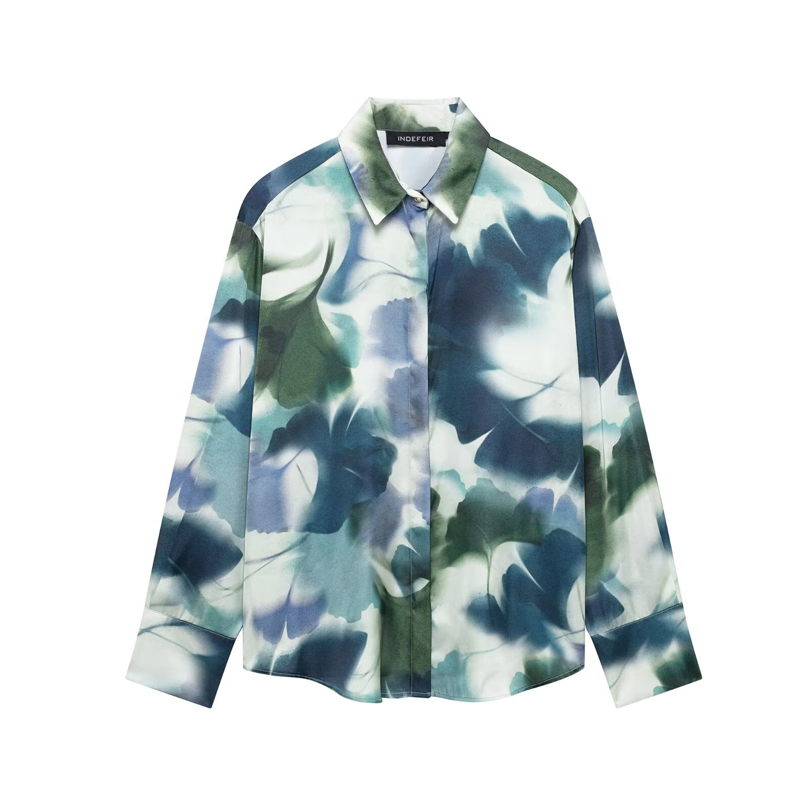 Women's printed silk satin texture lapel long sleeve casual shirt 2025 spring new European and American drape shirt cross-border