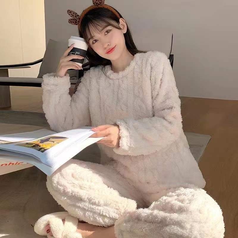 Pajamas Women's Winter Thickened Warm Coral Fleece suit Cute Funny Cartoon Online Fashion Flannel Home Clothes for Autumn and Winter