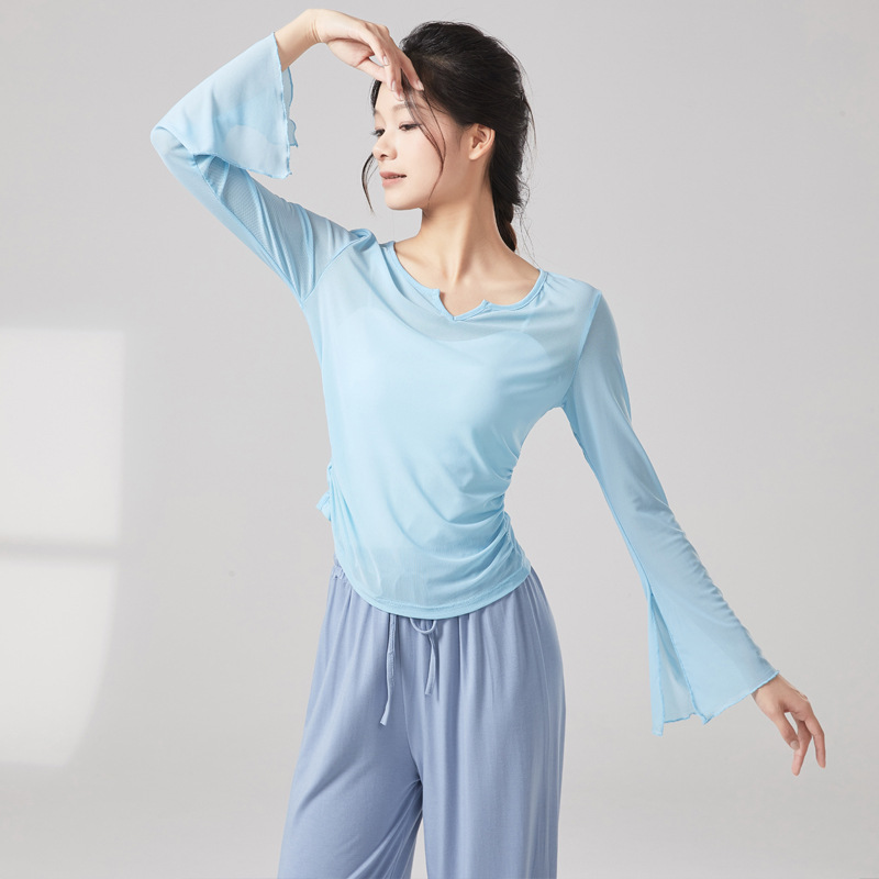 Dance costume top, elastic mesh, classical Chinese dance costume, thin yoga cover-up, slimming V-neck body practice clothes
