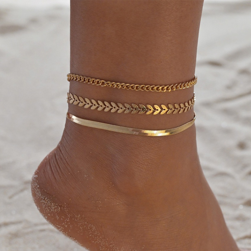 Picture of Rongshang Jewelry Cross-Border Hot-Selling Anklet Set Women's Fashionable Anklet Three-Piece Set Flat Snake Wheat Ear Chain Foot Accessories