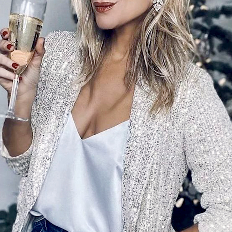 Picture of 2025 Spring New European and American Amazon Sequined Long-Sleeved Elegant Mid-Length Small Suit Lapel Pure Color Jacket for Women