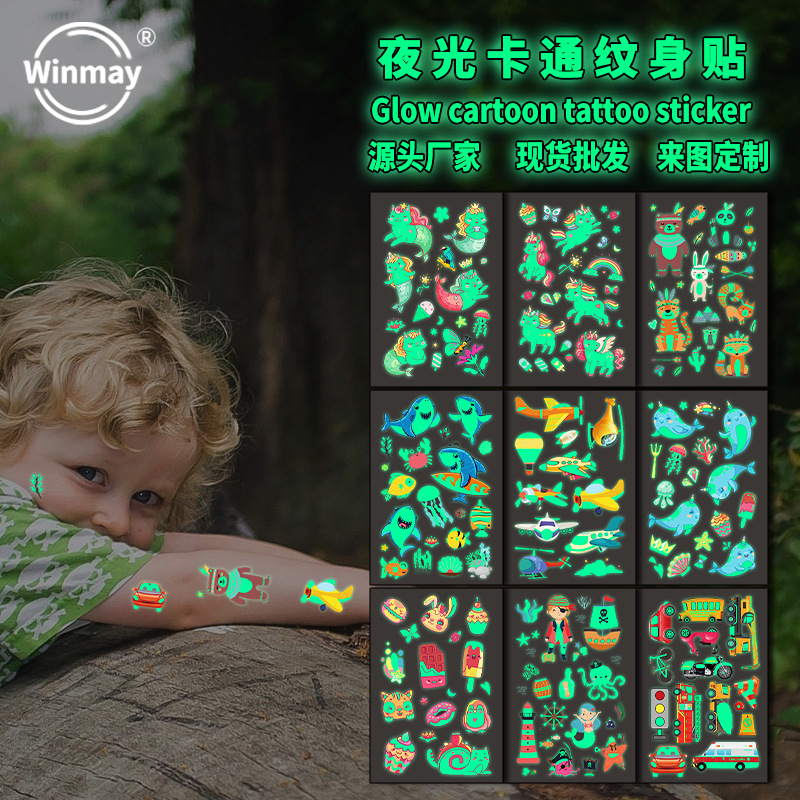 New Children's Day Gift Cartoon Luminous Tattoo Sticker Waterproof Sweat Unicorn Animal Dinosaur Mermaid Face Sticker