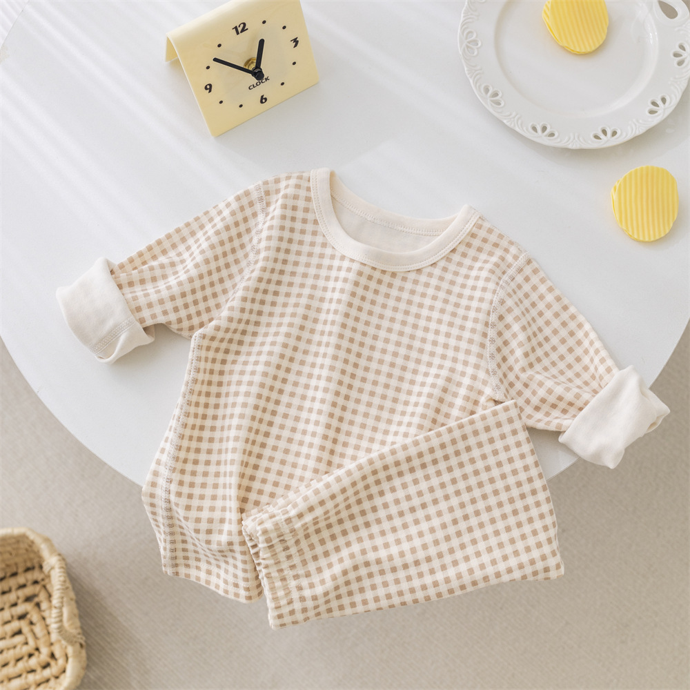 Picture of ins Plaid children's home wear underwear suit boys and girls baby bottoming clothes children's autumn clothes long pants suit