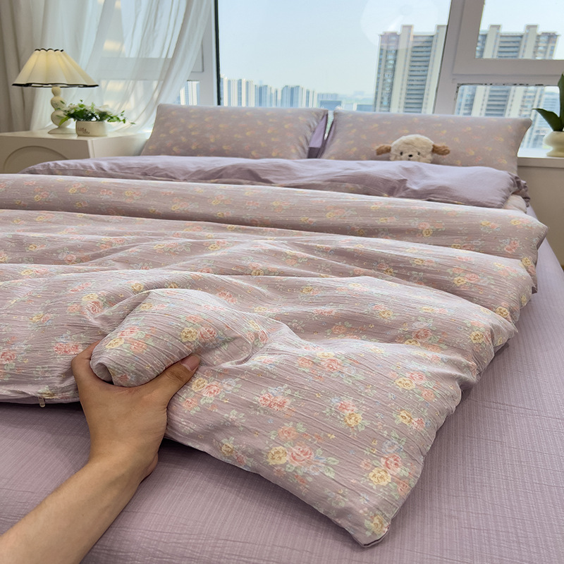 Picture of Double-Layer Gauze Wrinkled Cotton Bed Four-Piece Set Small Fresh Quilt Cover Home Ins Style Floral Summer New Three-Piece Set