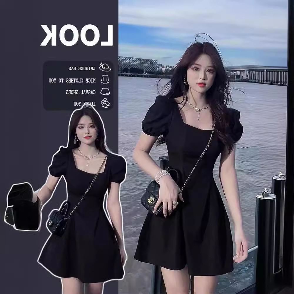 Hepburn Style Little Black Dress for Women Summer New French Retro Square Neck Puff Sleeve Waist Dress Sweet and Spicy