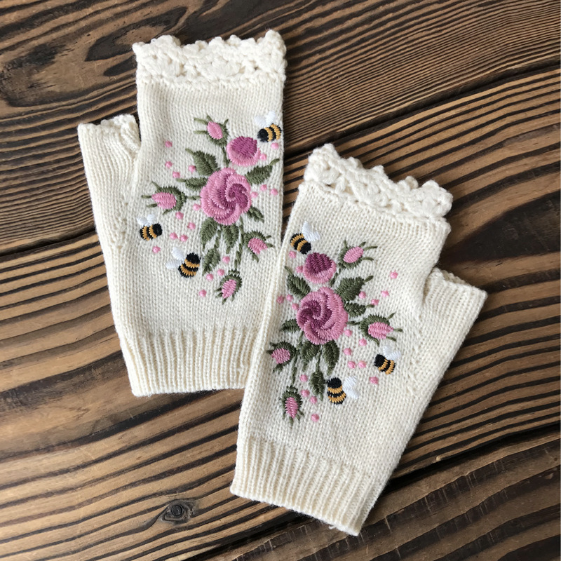 Picture of ins Hot Selling Autumn and Winter Women's Warm Wool Half-Finger Gloves Bee Small Flower Embroidered Knitted Gloves