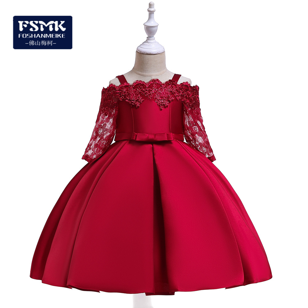 Picture of 2024 cross-border new girls' dress off-shoulder lace hollow-out long sleeve princess dress kids dress