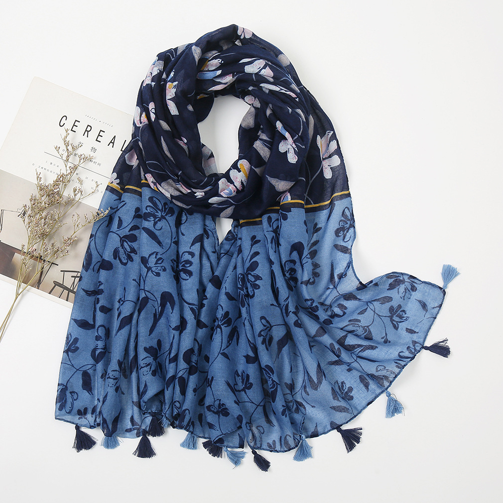 Picture of New Artistic Fresh Cotton and Linen Retro Tassel Scarf Women's Printed Beautiful Silk Scarf Japanese Sunscreen Shawl
