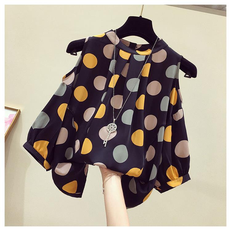 Picture of plus size Women's Clothing Summer Chubby Girl Loose Slimming Belly-Covering Foreign Style Top Polar Point Shoulder Short-Sleeved Chiffon Shirt