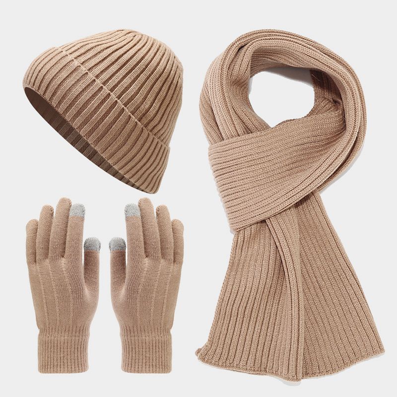 Picture of Autumn and Winter new fleece-lined warm men's hat scarf gloves cold-proof suit women's trendy thickened knitted three-piece set