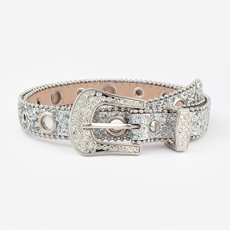 2025Wish Cross Border bling Rhinestone Belt Women's Decorative Fashion Sequin Full Diamond Air Eye Eyelet Jeans Belt