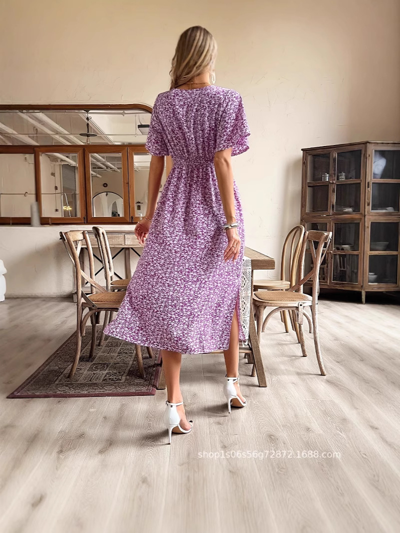 Picture of Small Floral V Neck Short-Sleeved Bohemian Large Swing Holiday Dress Women's Independent Station Amazon Cross-Border