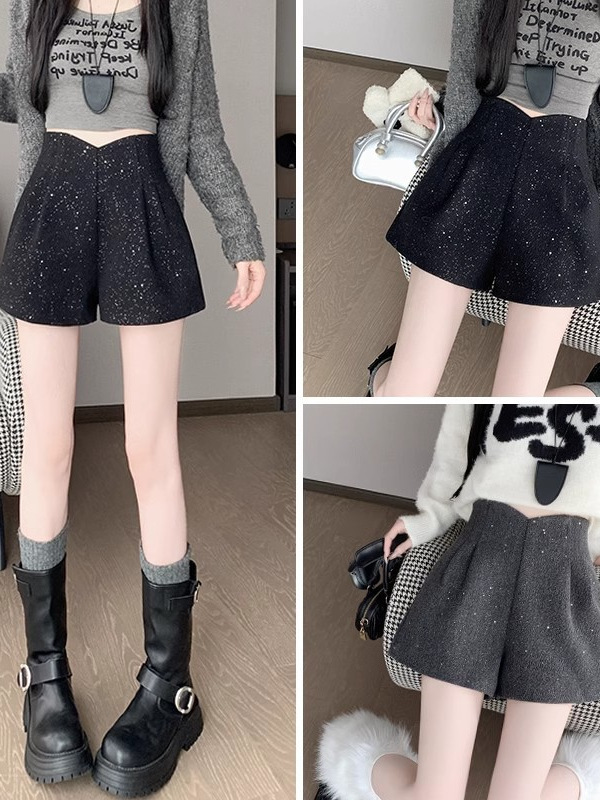 Bottom wide-leg pants, new sequin model, versatile high-waisted A-line, 2025 European goods, woolen autumn and winter shorts, women