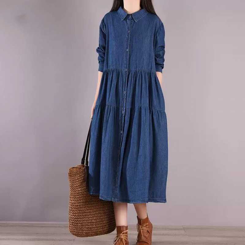 2023 Autumn New Long-sleeved Loose Shirt Collar Grinding White Stitching Pleated Large Dress Denim dress