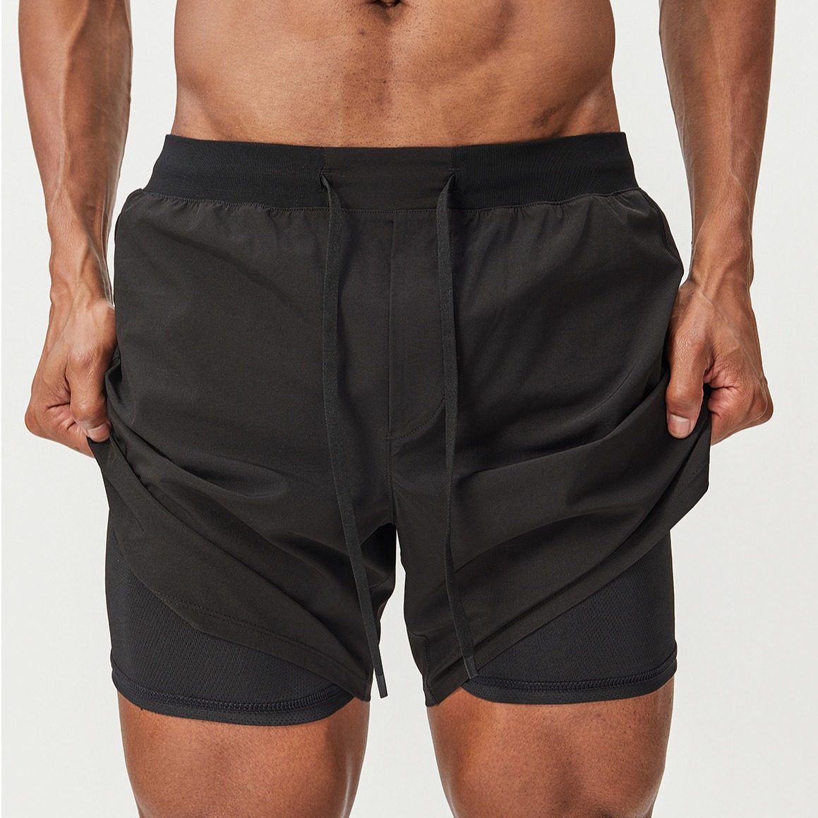 Cross-Border Supply Double-Layer Men's Sports Running Quick-Drying Breathable Shorts Double-Layer Outdoor Sports Fitness Tennis Shorts