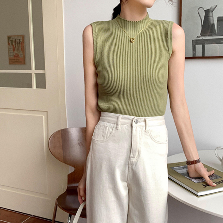 Women's Summer Sling Retro Hong Kong Style Suit Sleeveless Top Korean Simple Inner Base Knitted Vest