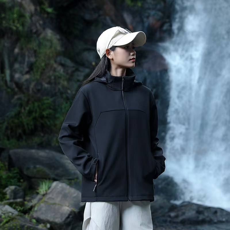 Picture of Fleece-Lined Softshell Jacket for Men, Custom Outdoor Hooded Couple's Jacket, Thickened Windproof Jacket, Warm Coat for Women with Printing