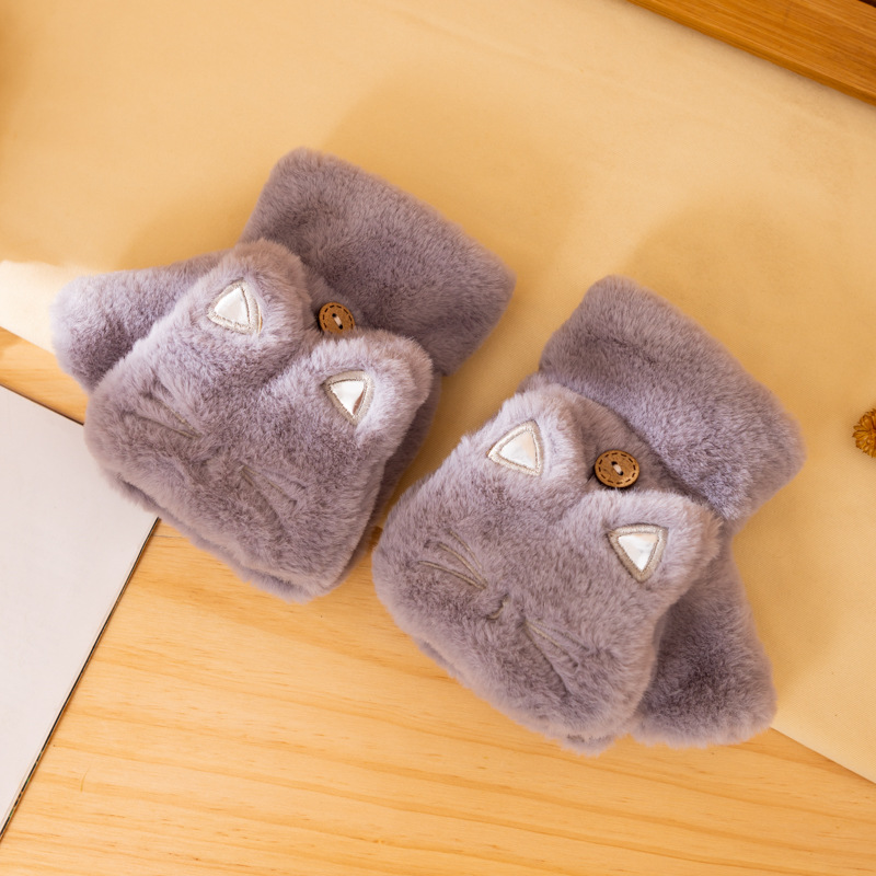 Picture of Korean version of warm cotton gloves ladies winter cute cycling students thickened velvet half finger students flip cartoon fashion