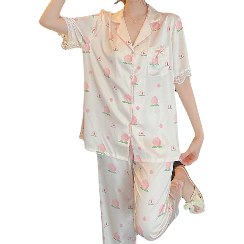 Pajamas Women's Ice Silk Peach Girly Three-Piece Set Thin Cute Home Suit Summer Short-Sleeved Outfit