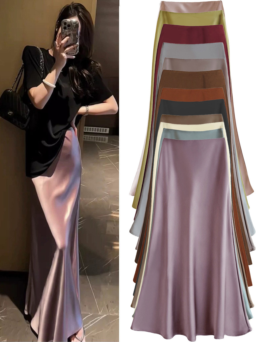 French Style Elegant Acetate Satin Draping Skirt Women's Spring and Summer Solid Color High Waist Hip Fishtail Skirt A- line Long Skirt