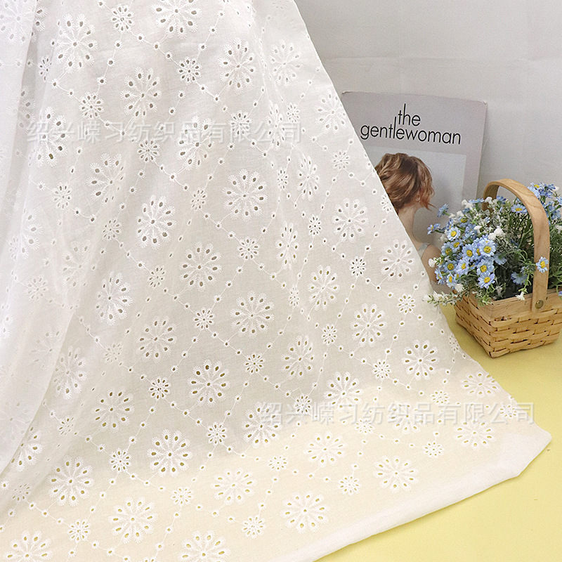 Picture of in stock variety of pure cotton hollow embroidered fabric bilateral positioning perforated spring and summer children's clothing dress white embroidered fabric