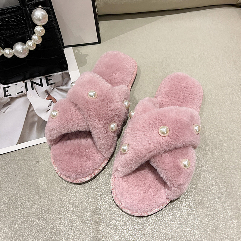 Picture of Foreign Trade New Fashion Pearl Home Home Maomao Slippers Women's Warm Flat Heel Cross Slippers Autumn and Winter Cross-Border