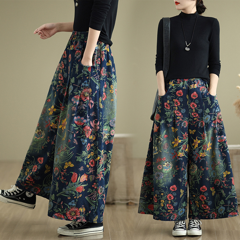 Real plus size Denim Wide Leg Pants New Printed Loose Slimming Casual All-match Denim Straight Leg Pants