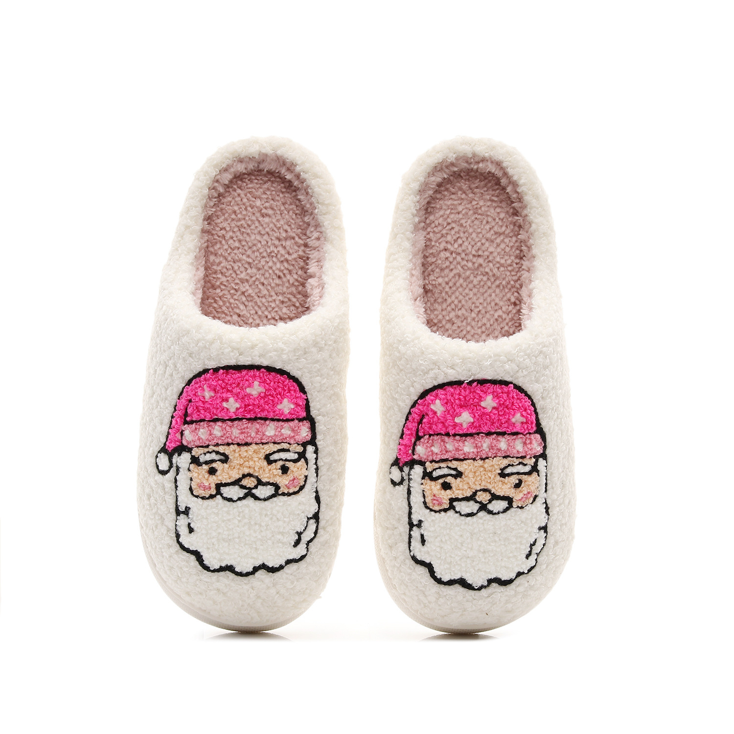 European and American Christmas Hat Embroidered Cotton Slippers for Women's Home Santa Claus Autumn and Winter Indoor Fur Slippers Furry