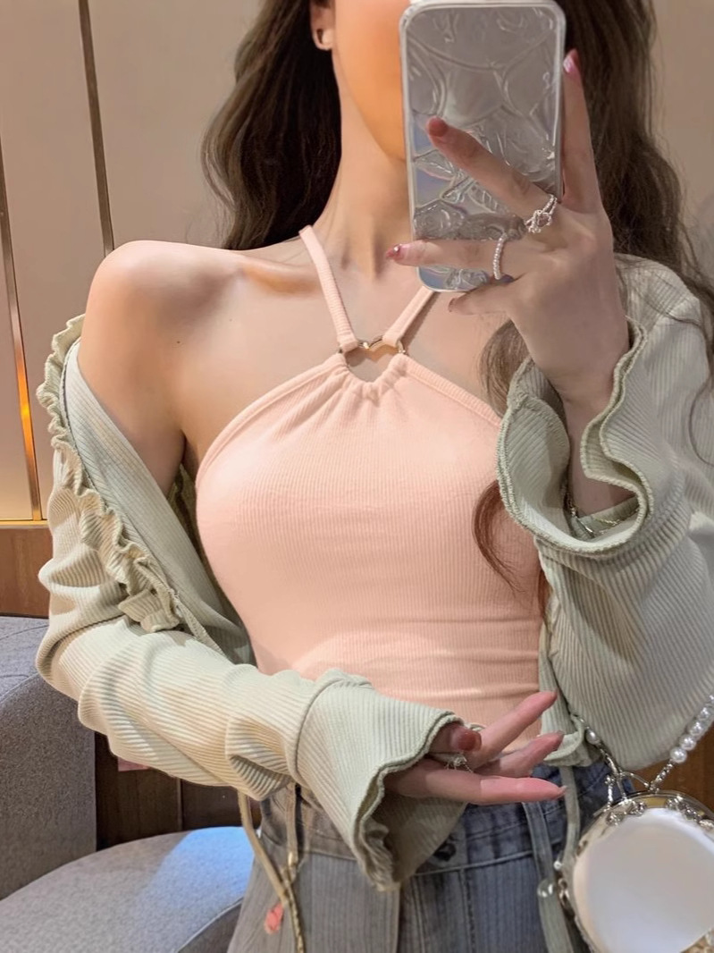 Halter Neck Camisole for Women in Summer, Discreet Outer Wear and Inner Wear, Short Navel-Baring Hot Girl Pure Color Versatile Bottoming Top